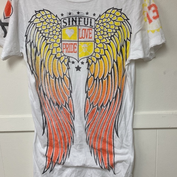 Sinful 💯 Cotton Butter Soft Print Tee Distressed Collar and Sleeveless - Picture 9 of 16